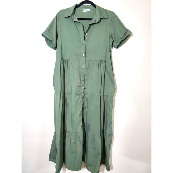 BLUE NAVY Brand Womens Small Maxi Shirt Dress Tiered Green Made In‎ Italy Cotton - Picture 10 of 10